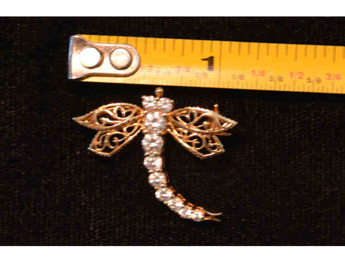 14K Gold Dragonfly Pin with Simulated Diamonds