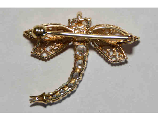 14K Gold Dragonfly Pin with Simulated Diamonds