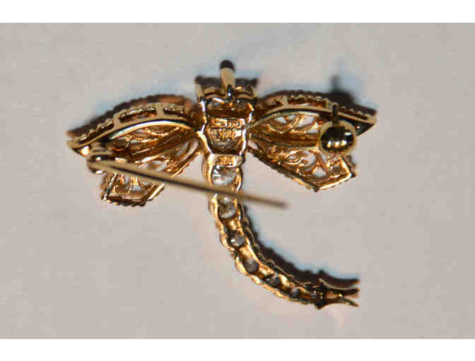 14K Gold Dragonfly Pin with Simulated Diamonds