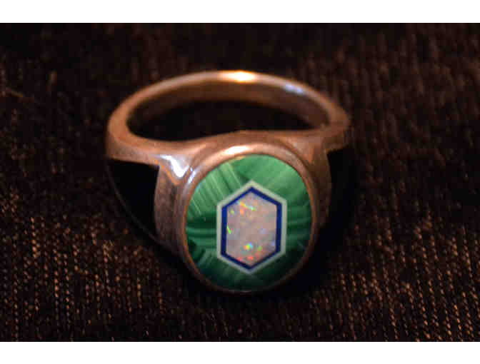 Sterling Silver Ring with Opal, Malachite, Onyx - Size 6