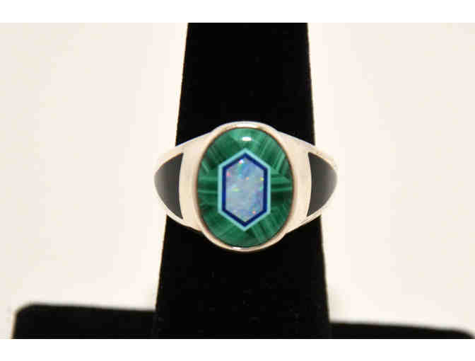 Sterling Silver Ring with Opal, Malachite, Onyx - Size 6