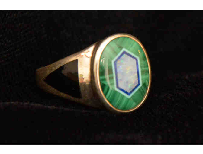 Sterling Silver Ring with Opal, Malachite, Onyx - Size 6