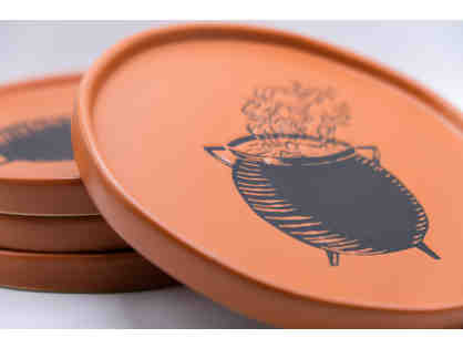 Halloween Decor Bundle: two decorative pumpkins and four cauldron appetizer plates