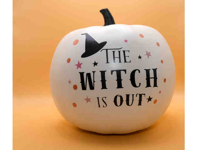 Halloween Decor Bundle: two decorative pumpkins and four cauldron appetizer plates