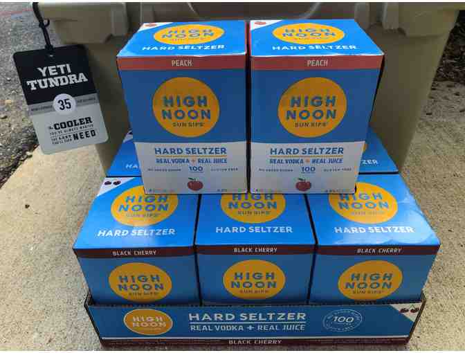 Yeti Tundra 35 Cooler stocked with Seltzers, Wine, & Spirits