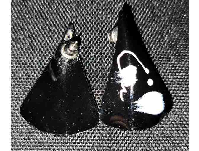 Vintage Black Earrings with a Deco White Paint Pattern