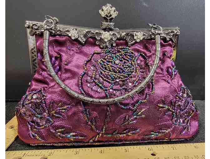 Beaded & Embroidered Floral Clutch Vintage Satin Evening Bag - Photo 1