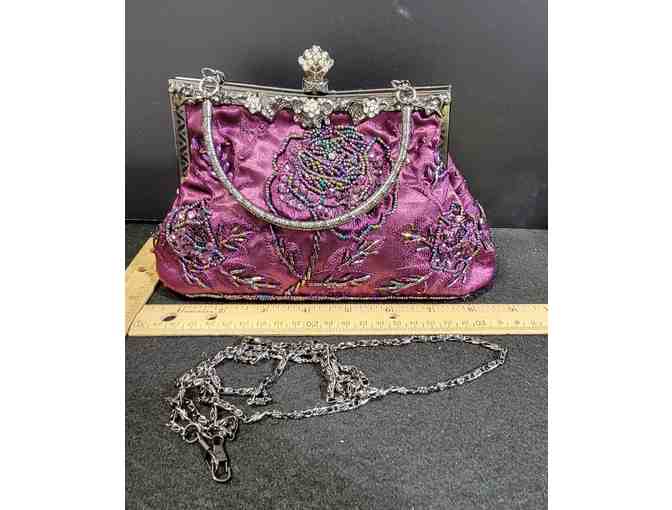 Beaded & Embroidered Floral Clutch Vintage Satin Evening Bag - Photo 2