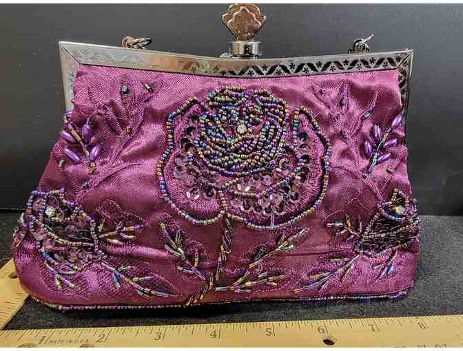 Beaded & Embroidered Floral Clutch Vintage Satin Evening Bag - Photo 3