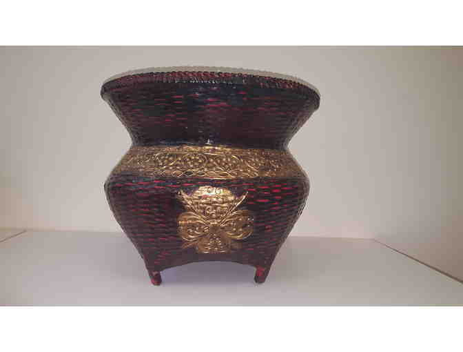 Open Planter, woven rattan with maroon lacquer and gold decoration