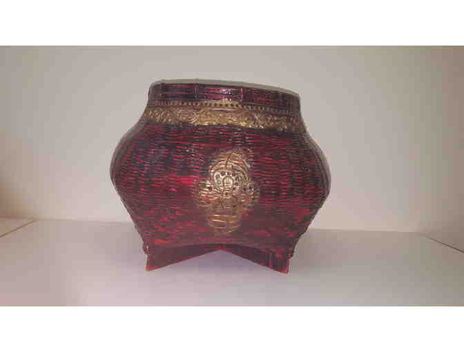 Open Planter, woven rattan with maroon lacquer and gold decoration