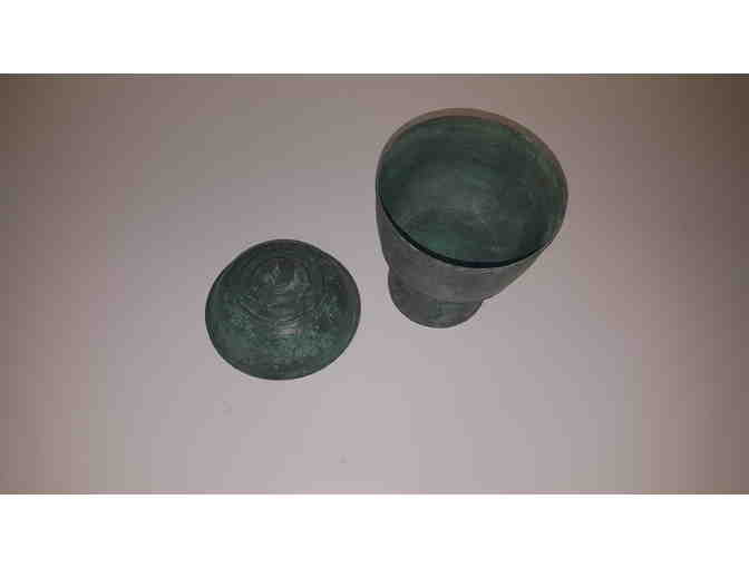 Bronze antique verde covered vase with finial top, ceremonial vase