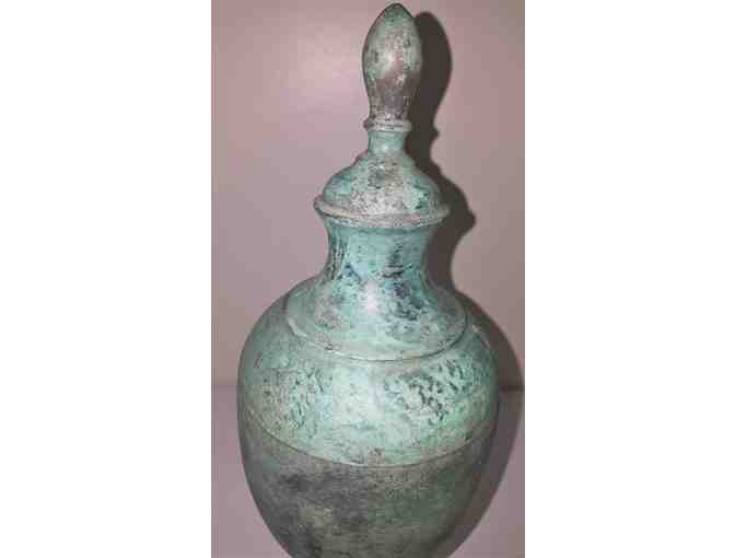 Bronze antique verde covered vase with finial top, ceremonial vase