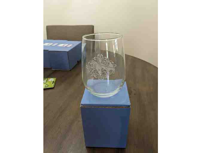 2 Etched Stemmed Wine Glasses and 2 Stemless Glasses