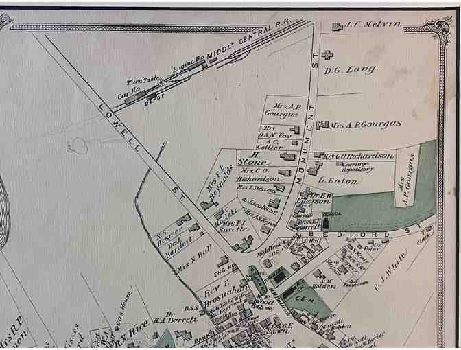 1875 Beers Atlas Map of Concord, Mass. (original page, framed, with marks)