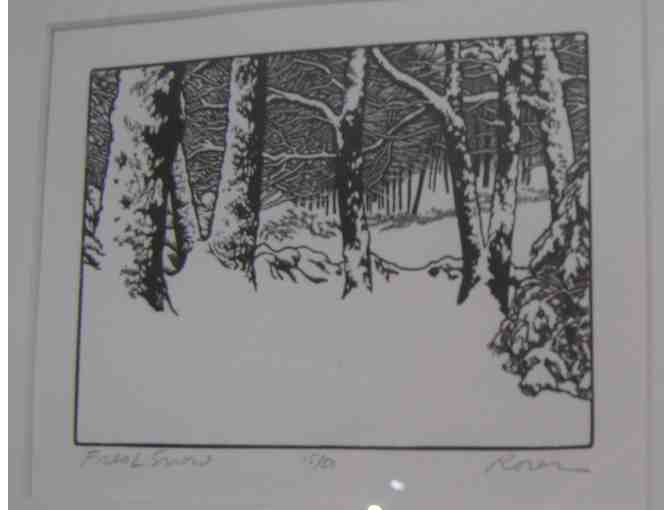 Fresh Snow, illustrated print by Abigail Rorer, matted and framed, 12 x 14 inches