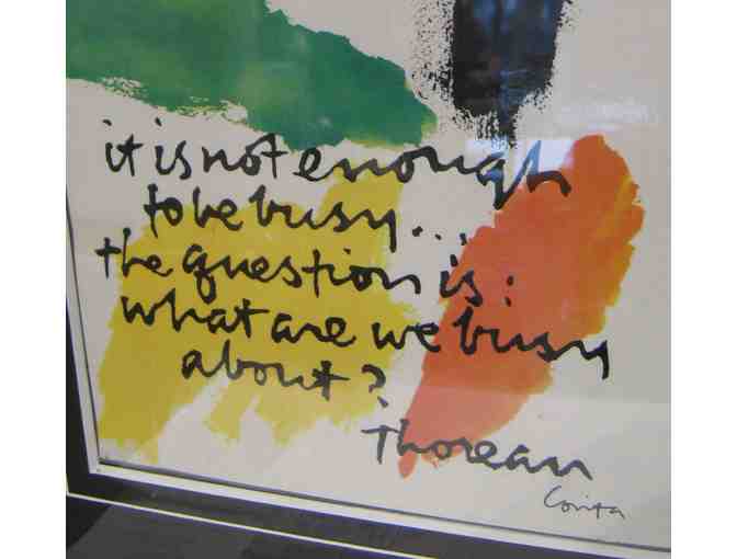 Corita Kent artwork with Thoreau quote, page from magazine, framed