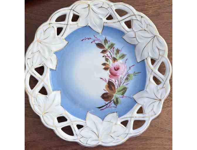 Pair of Reticulated Ceramic Plates with Gilded Basket Edges & Hand-Painted Florals