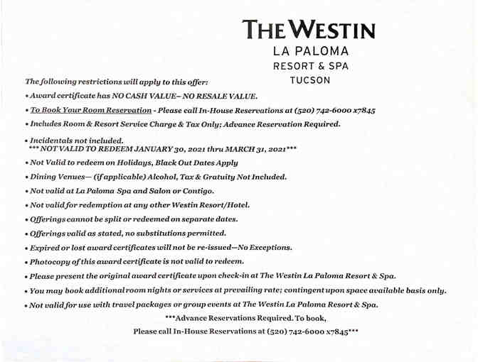 6- Westin La Paloma One Night Stay