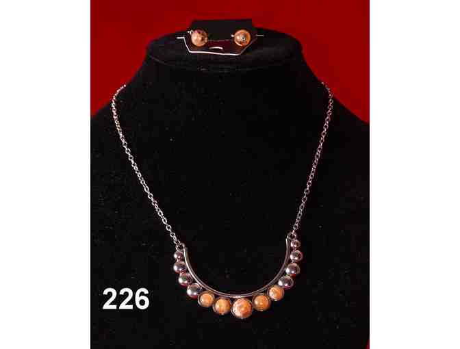 Silver Plated Metal and Orange Stone Necklace and Earrings