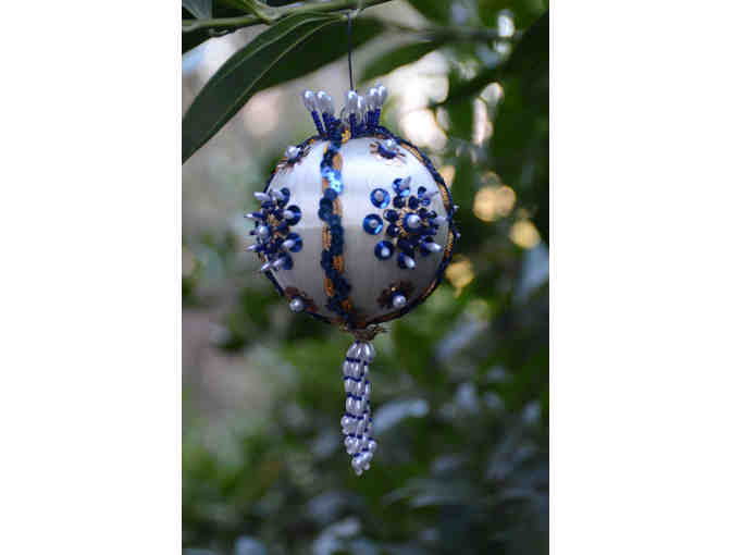 Retro beaded ornaments, blues, purples