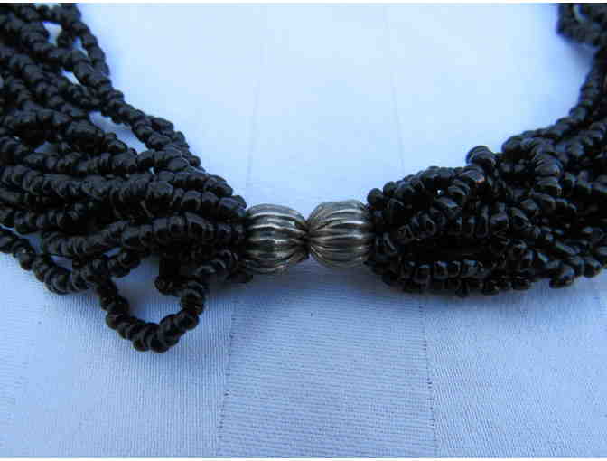 Black Bead Choker Necklace with Silver Accent