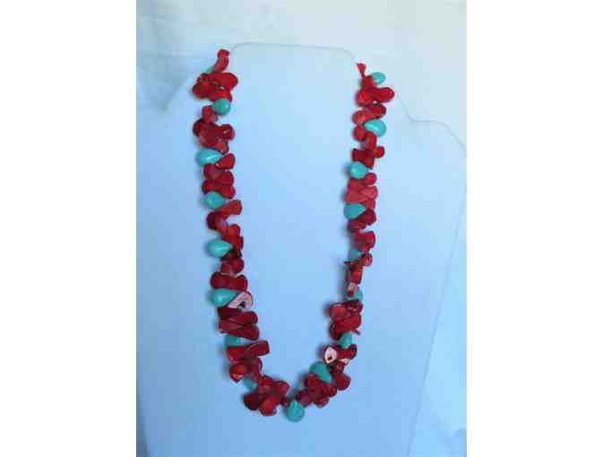 Red Coral and Turquoise Glass Bead Necklace