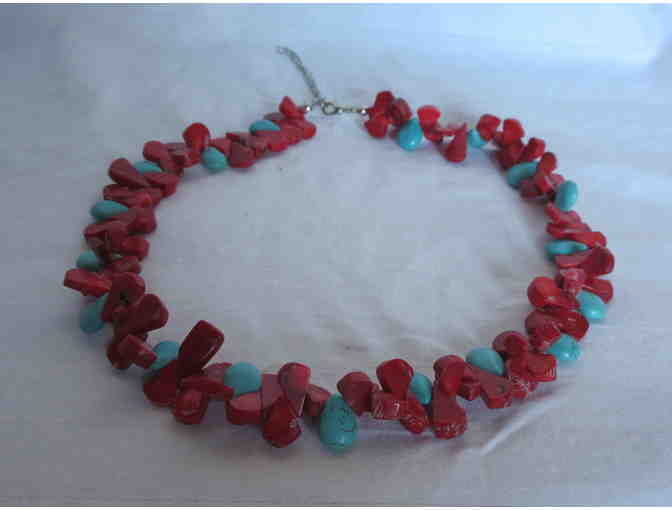 Red Coral and Turquoise Glass Bead Necklace