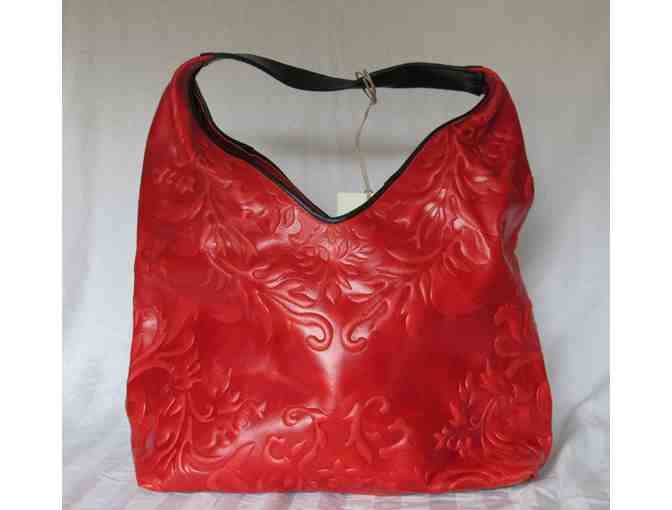 Red Damask-Embossed Tassel-Detail Leather Hobo