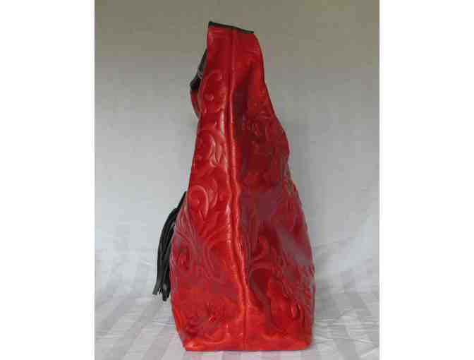 Red Damask-Embossed Tassel-Detail Leather Hobo