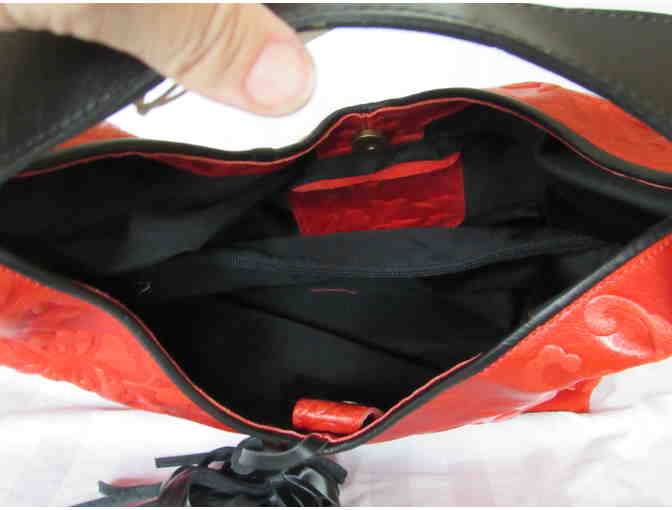 Red Damask-Embossed Tassel-Detail Leather Hobo