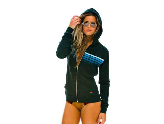 Aviator Nation - 5 STRIPE HOODIE - CHARCOAL // BLUE STRIPES - Size Medium