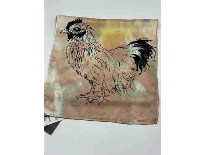 Hand printed and painted silk scarf of chicken by printmaker Kaarin Holmberg