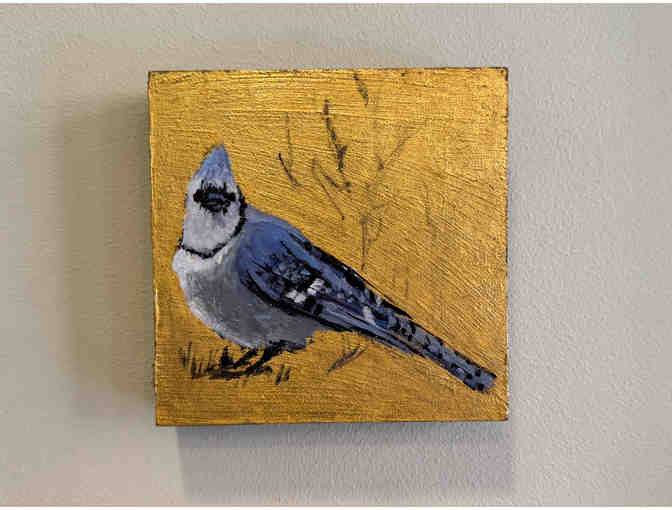 Painting of blue jay on a gilded birchwood panel - Photo 1