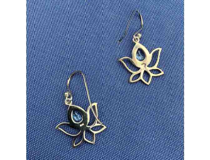 Sterling silver lotus blossom earrings with blue topaz bud