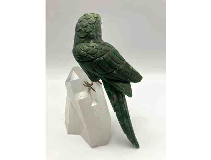 Serpentine Carved Green Parrot on Quartz Crystal