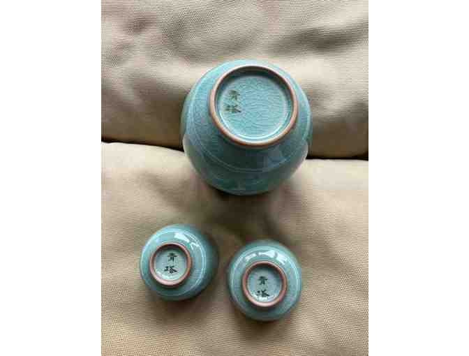 Green Celadon Set of Rice Wine Bottle with 5 Cups from Korea