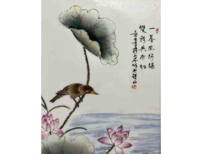 Pair of Chinese Antique 'Famille Rose' Framed Porcelain Panels with Bird
