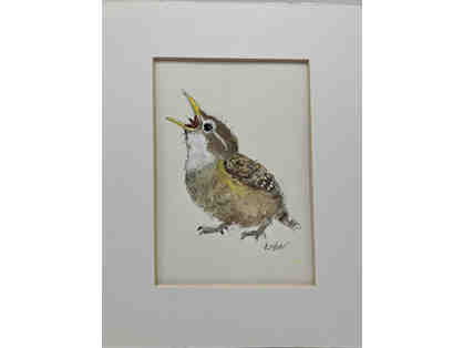 Watercolor & pen drawing of fledgling Carolina wren by Esther Koslow