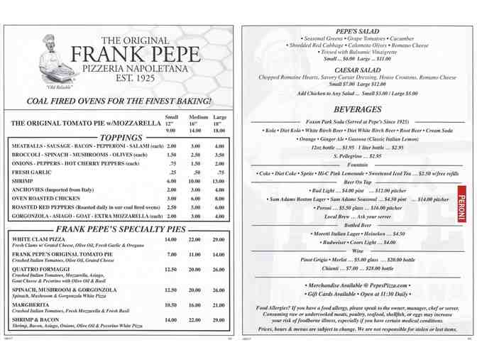 Frank Pepe's Napoletana Pizzeria - $25 Gift Card